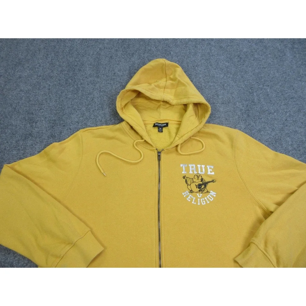True Religion Hoodie Mens 2XL Yellow Full Zip Fleece Sweatshirt Buddha Star